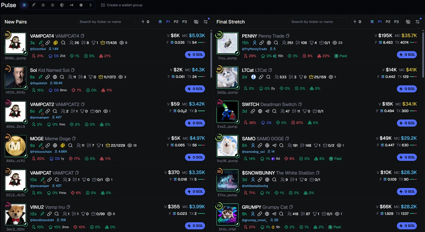axiom.trade Pulse with a colored score ring on every token: 75 on PENNY, 30 on SWITCH, 72 on SAMO.